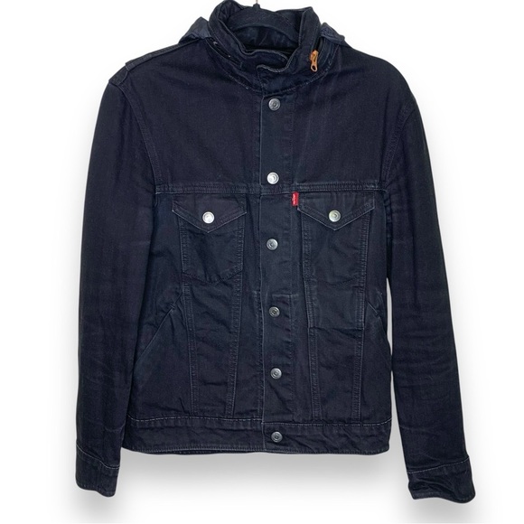 Levi's Black Button Front Hidden Hoodie Denim Jacket Size Small - Picture 1 of 9